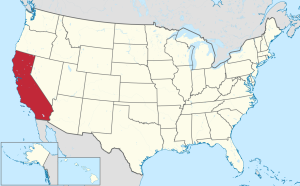 Map of US states, California red colored.