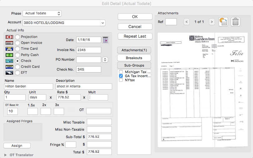 payroll tools showbiz budgeting 9 screen showing the new attachments button in the edit details