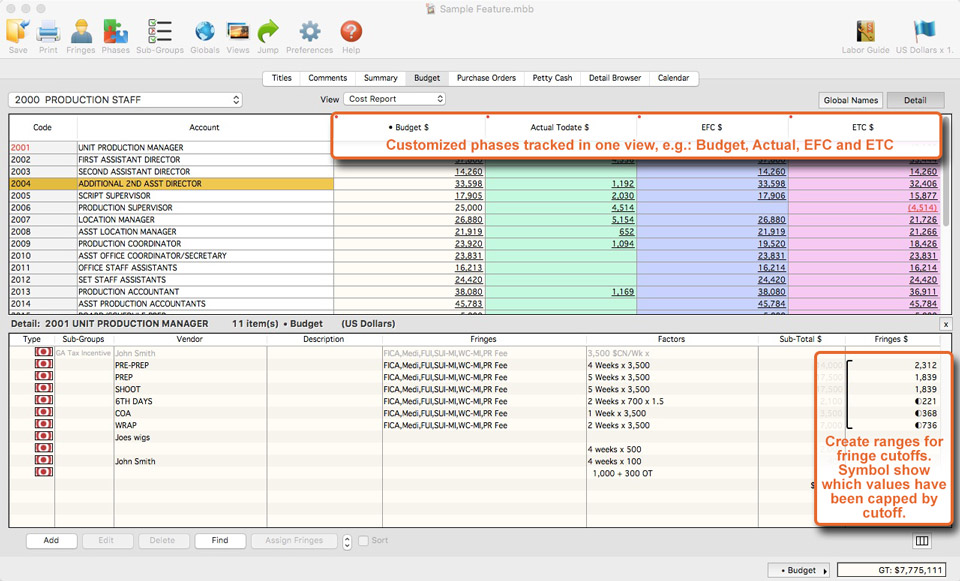 software support tools screen showing how to create ranges and accurately apply fringe cutoffs in showbiz budgeting 9