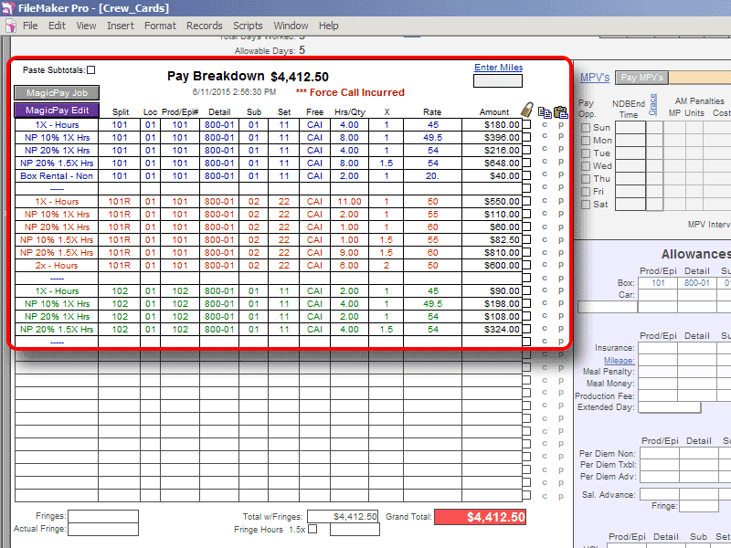 software tools crew cards worksheet showing pay breakdown allowances