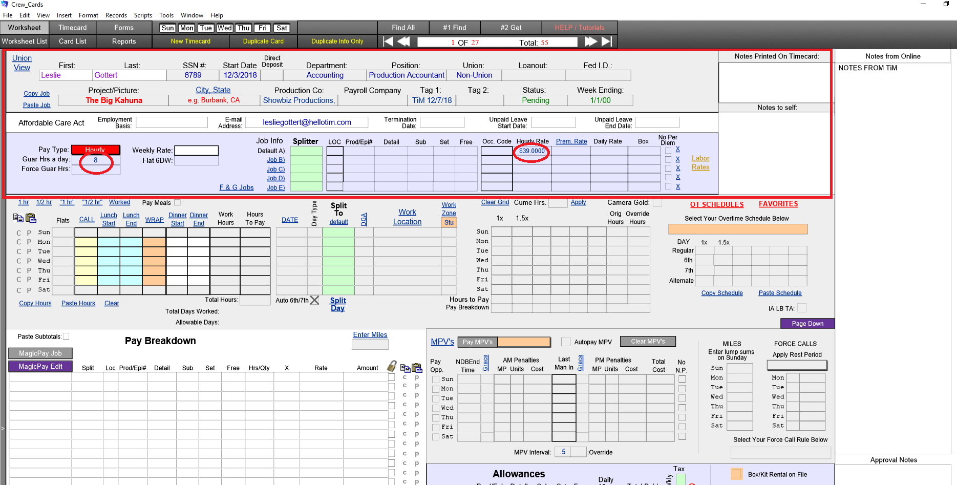 software support screen showing timecards timport