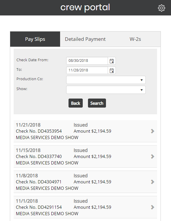 Screenshot of Crew Portal with Pay Slips selected