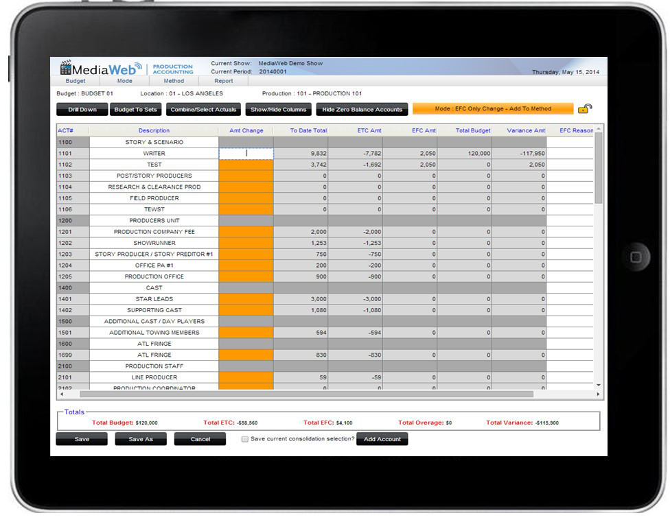 MediaWeb Production Accounting Software on iPad