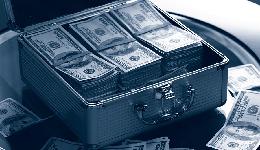 Film financing dollars in briefcase