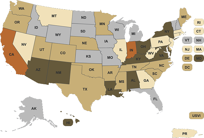 Map USA colored by state for production incentives